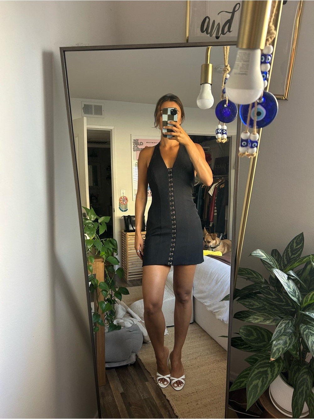 Kookai Black Halter Mini Dress with Front Eyelet Detail